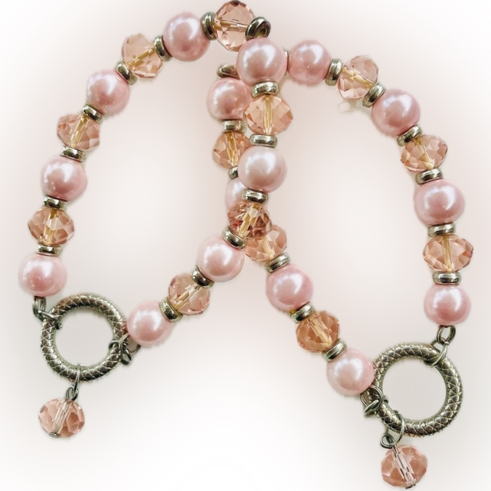 Glass Blush Pink Pearl Silvertone Bead Stretch Bracelet
